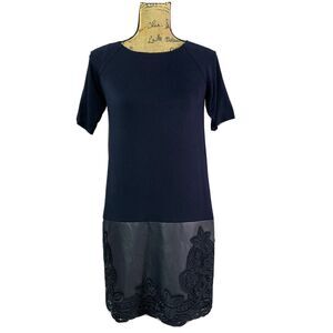 Bailey 44 Dress S P Navy Blue Shift Drop Waist Faux Leather Embroider Applique